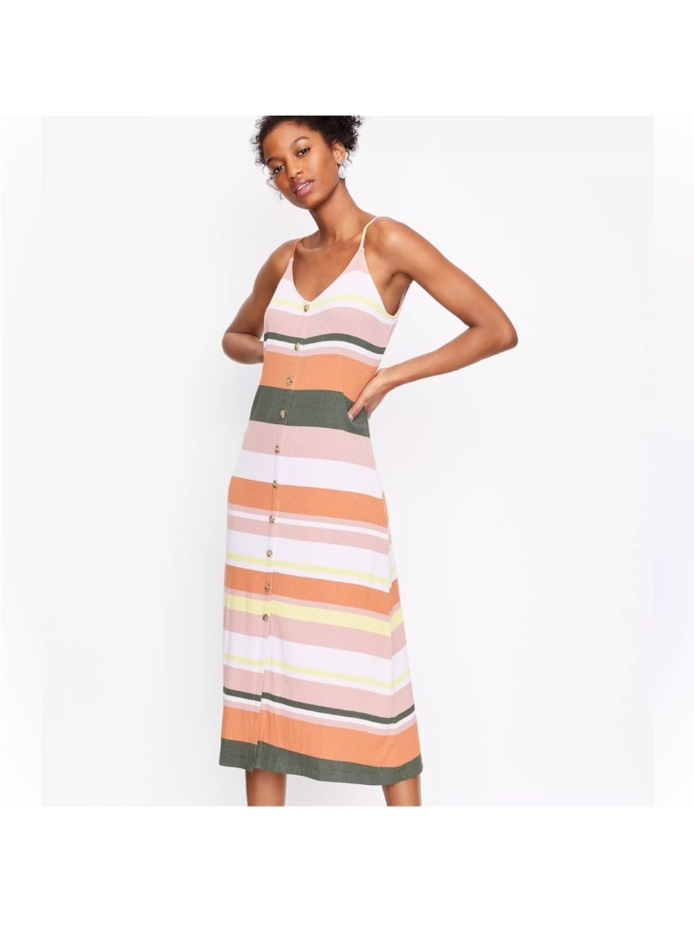 LOFT Striped Button-Front Midi Dress in Rust, Rose, Olive & Yellow